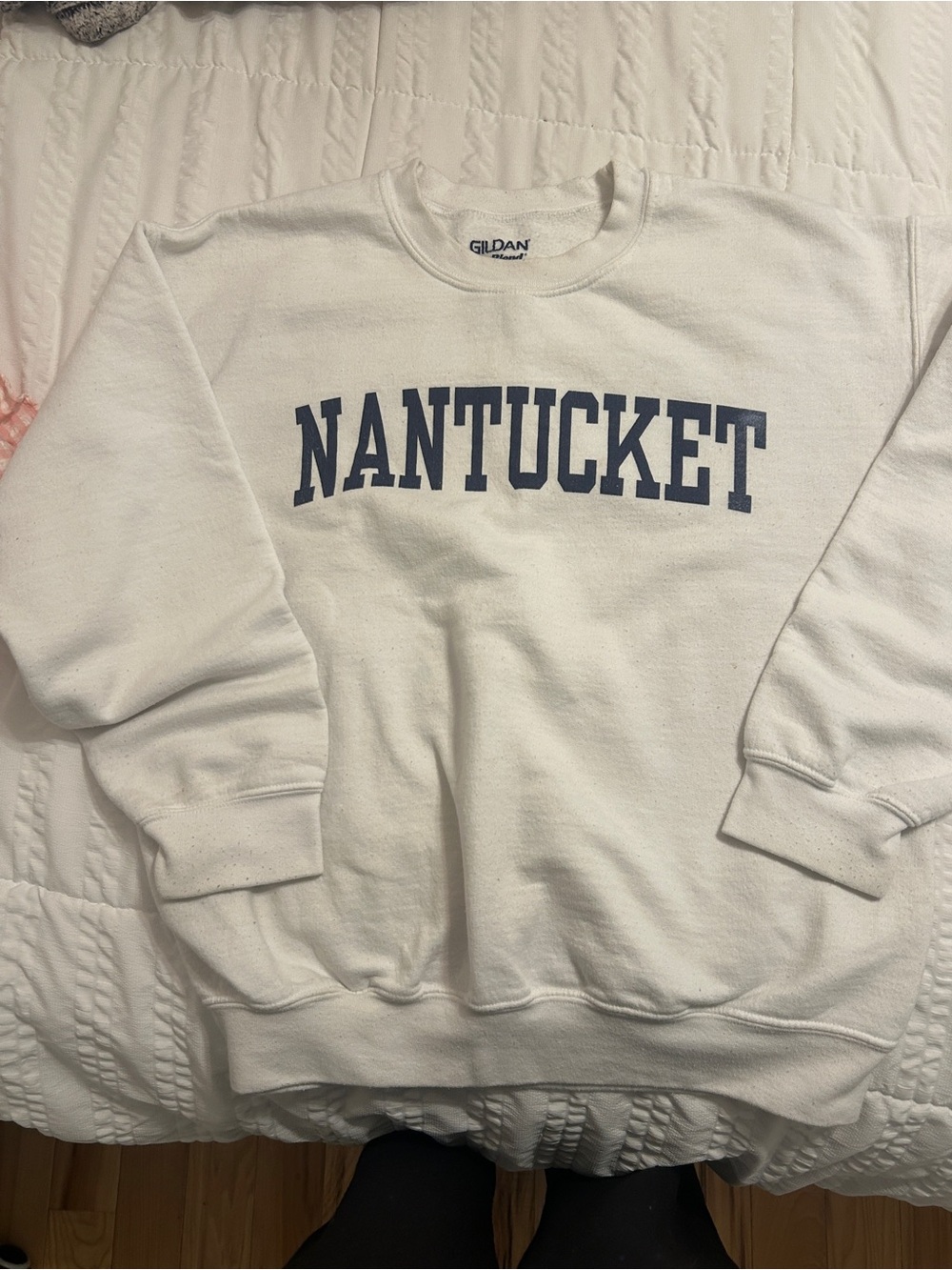 Gildan White Crewneck Sweatshirt with Navy Nantucket Print